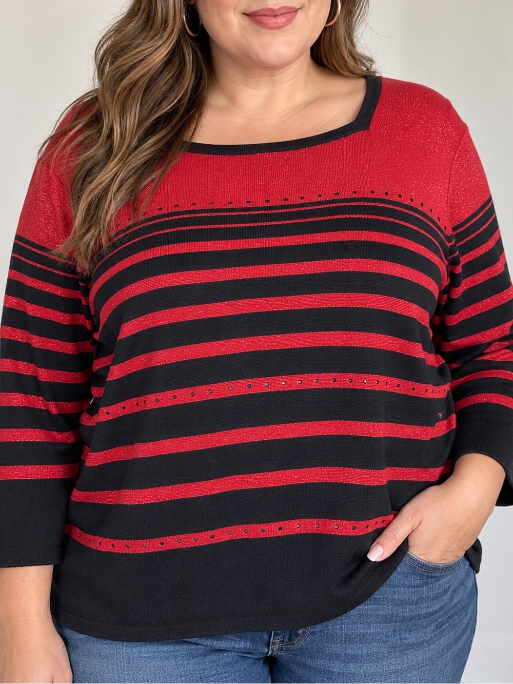 Alfred Dunner 2X Red Black Striped Metallic Knit Sweater